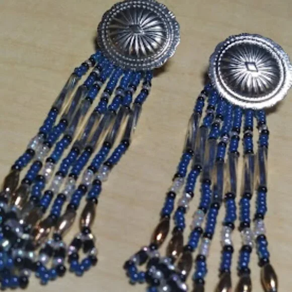 Silver Tone Blue Glass Beads Pierce Earrings 3" Long - Picture 5 of 10